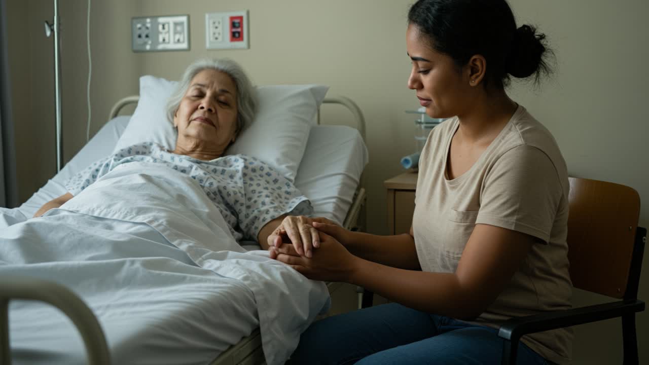 A woman sits beside an elderly patient in a hospital room, gently holding her hand and providing comfort. The patient appears to be resting, with serene expressions conveying trust and warmth. The environment is calm, with hospital equipment and soft lighting creating a healing atmosphere. The scene