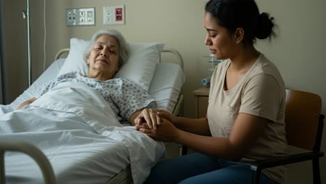 a woman sits beside an elderly patient in a hospital room, gently holding her hand and providing comfort. the patient appears to be resting, with serene expressions conveying trust and warmth. the environment is calm, with hospital equipment and soft lighting creating a healing atmosphere. the scene
