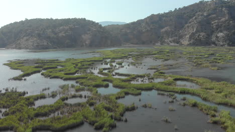 aerial drone shot of iztuzu turtle beach with view of long watergrass between the water looking out to mountains