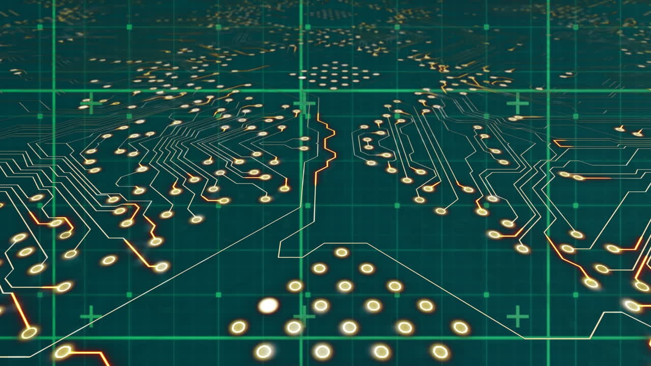 파란색 배경 위의 그리드 및 프로세서 소켓의 애니메이션