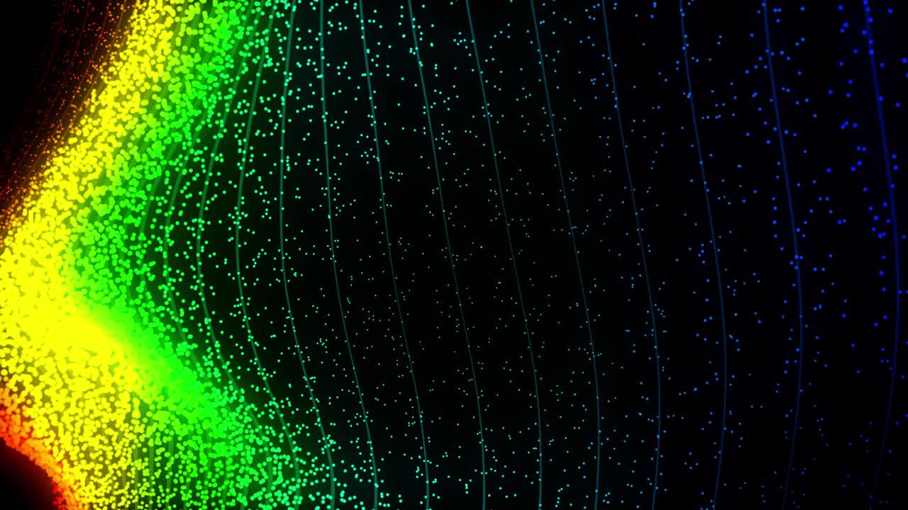partículas coloridas ondas atómicas abstracto animación de movimiento vertical sin costuras, renderización 3d en fondo negro