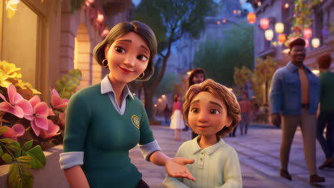 Animated Cartoon Family in a Town