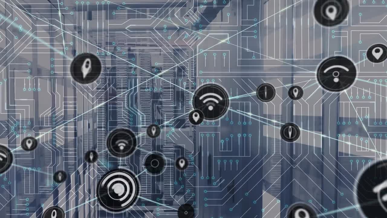 Animation of network of connections and computer circuit board over server room