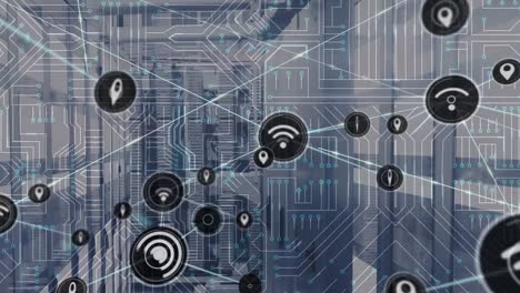 Animation-of-network-of-connections-and-computer-circuit-board-over-server-room