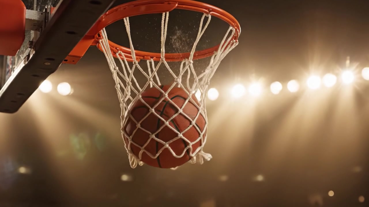 Yoğun Arena Aydınlatması Altında Basketbol Potasının Dinamik Yakın Çekimi, Dolu Bir Stadyumda Spor Rekabetinin ve Heyecanının Özünü Yakalıyor