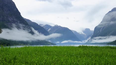 beautiful nature norway natural landscape. lovatnet lake lodal valley.