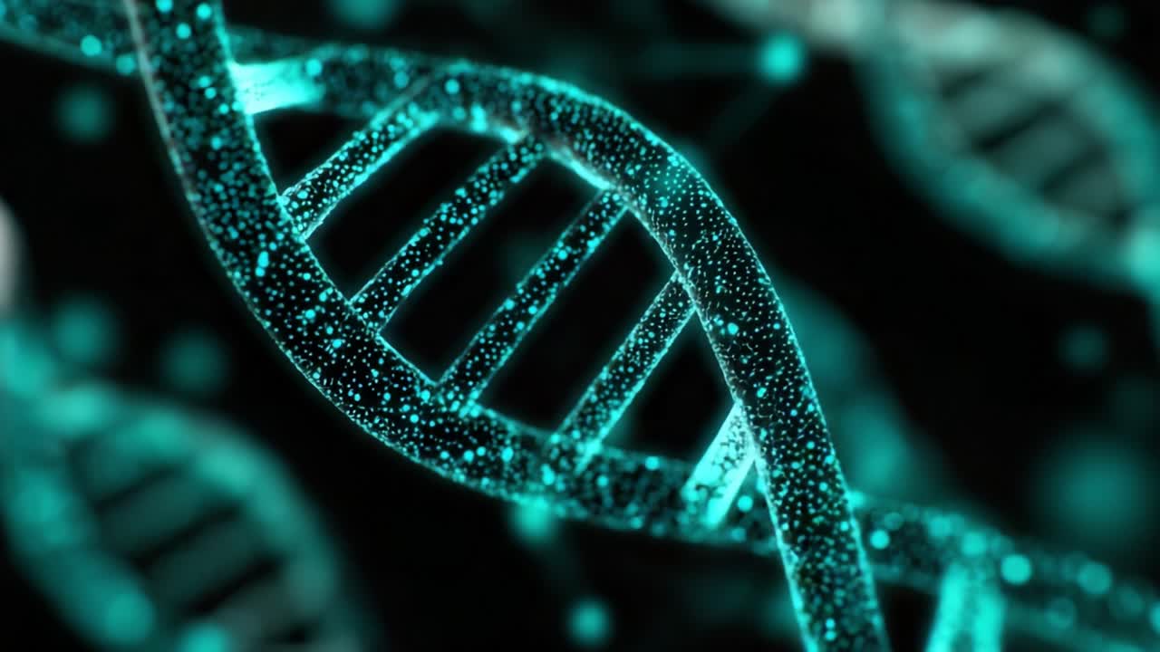 Captivating Visualization of DNA Helix Structure: An In-Depth Look at the Complex Intertwining of Genetic Material through Stunning Graphics and High-Definition Rendering Techniques in a Dark Background Environment