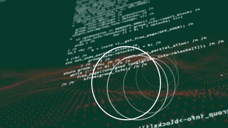 Animation of data processing and white circles spinning on green background