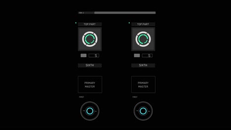 animated sci-fi user interface with dual circular dials, level meters, and buttons on a black background. hud element for technology or gaming