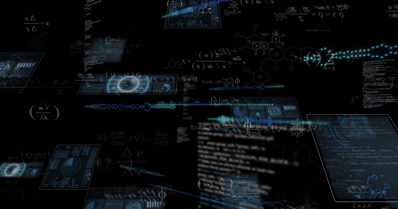 Formula floating on void starting 3D panels, elements emerging drifting pulsing for displaying data