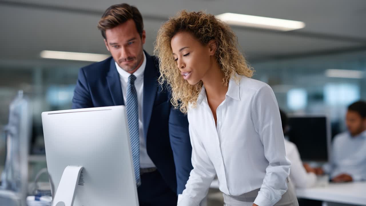 Engaging Collaboration in a Modern Office Setting: Two Colleagues Reviewing Information on a Computer Screen for Insightful Discussion and Strategic Planning
