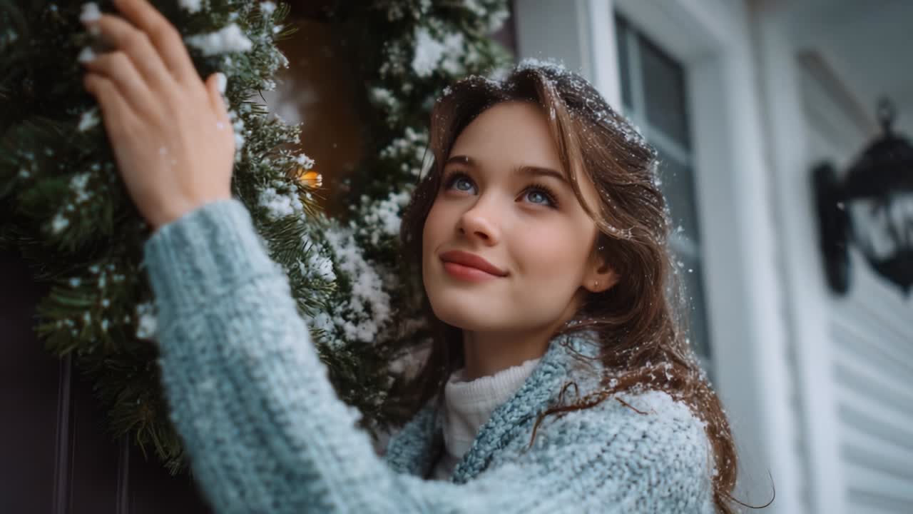 A Young Woman with Snow-Dusted Hair Admires a Beautifully Decorated Wreath as Flakes of Snow Gently Fall Around Her, Capturing the Essence of a Cozy Winter Day Filled with Festive Cheer and Warmth