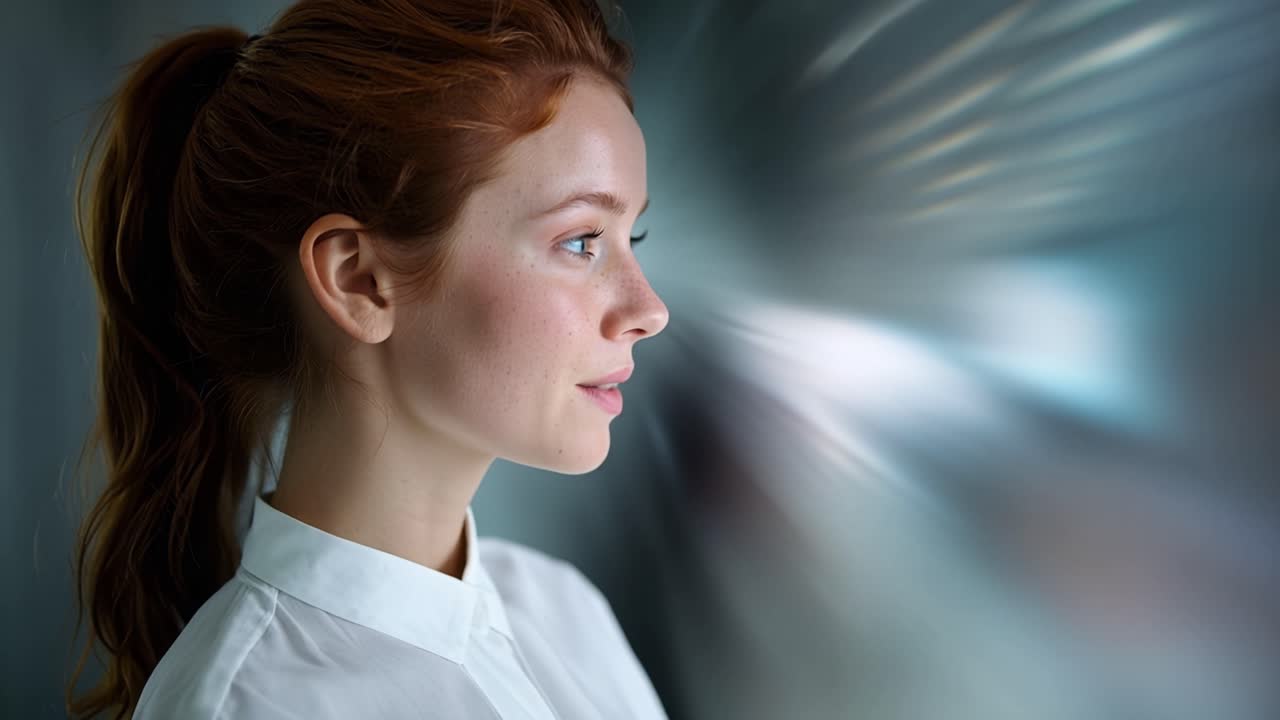 Junge Frau starrt aufmerksam, die Augen hell und fokussiert. Lichtstreifen hinter ihr erzeugen Bewegung und Dramatik. Sie trägt ein klares weißes Hemd, schlicht und elegant. Ihr Ausdruck vermittelt ruhige Entschlossenheit.
