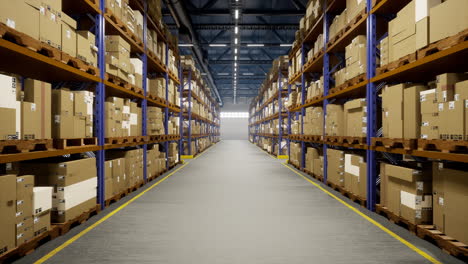 industrial warehouse filled with storage boxes labeled for shipment