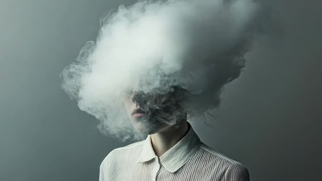 Surreal video concept with a close-up angle, showing a person obscured by a cloud of smoke