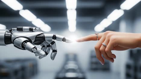 a futuristic interaction: the moment of connection between human and robot, symbolizing the union of technology and humanity in a sci-fi setting