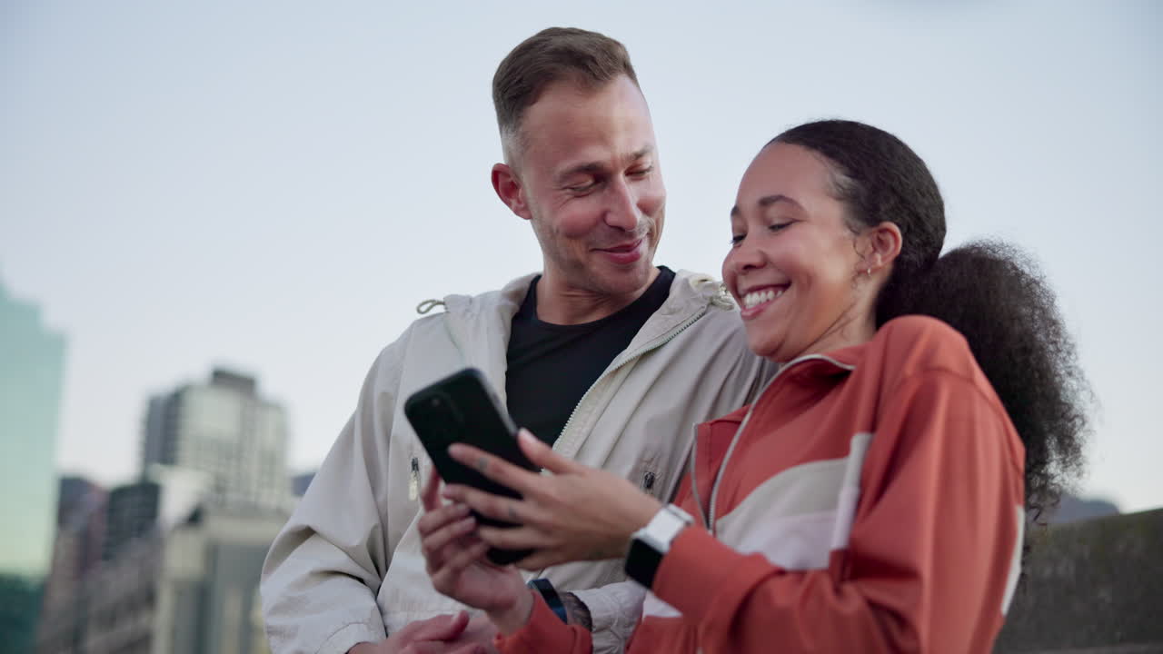 City, fitness and couple with a cellphone