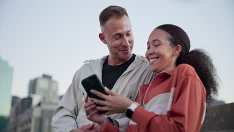 city, fitness and couple with a cellphone