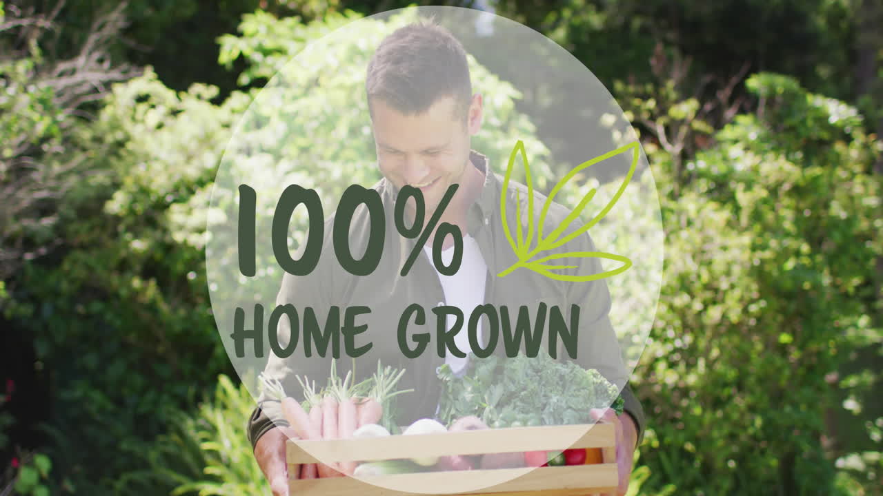 채소와 함께 행복한 백인 남성 위에 100 퍼센트 집에서 자란 텍스트의 애니메이션