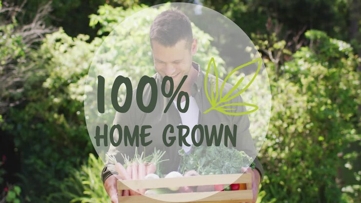 анимация 100% домашнего текста над счастливым белым человеком с овощами