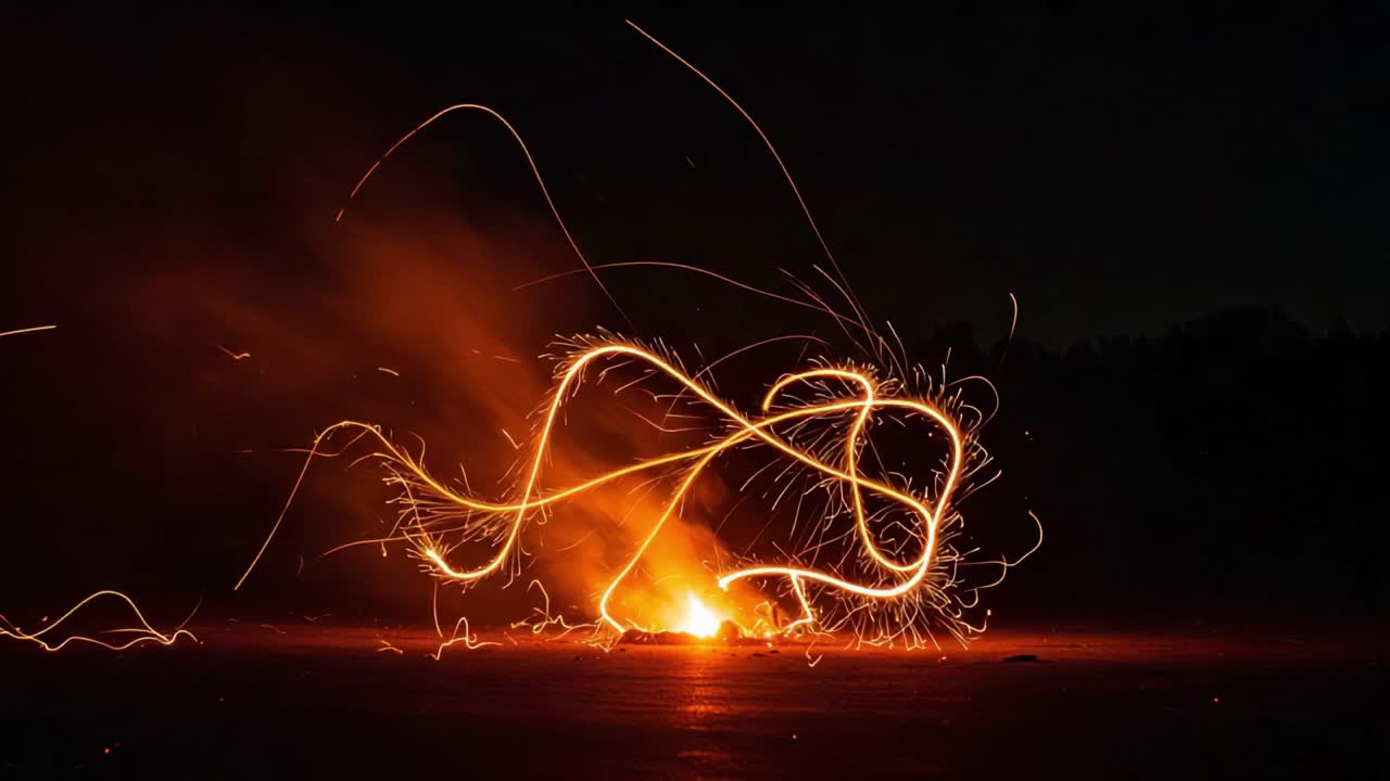 Spectacular Display of Fire and Sparks at Night: An Artistic Show of Light Trails and Fiery Whirls Captured in Two Stunning Frames