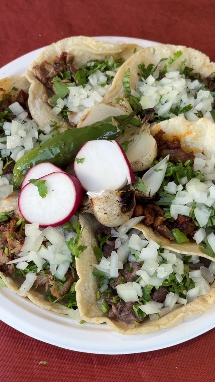 Friske street tacos toppet med hakket løg og koriander serveret med radise, ristet serrano-chili og grillede løg