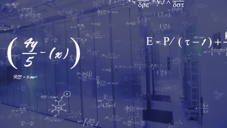 animación de ecuaciones matemáticas sobre bastidores de servidores en la sala de servidores
