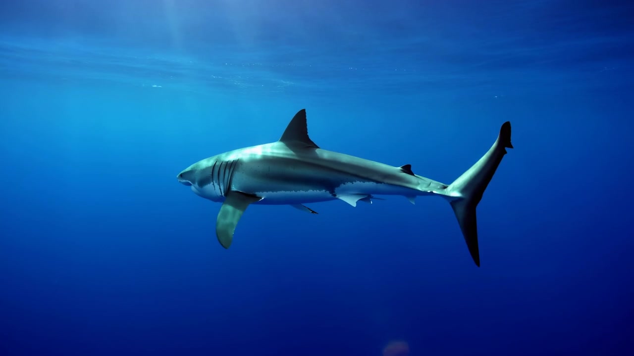 Squalo subacqueo si muove costantemente attraverso l'oceano blu con propulsione della coda e silhouette elegante, catturato da una vista laterale con acqua limpida, luce naturale e ampi dintorni marini.