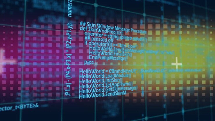 Animation of data processing over dark background
