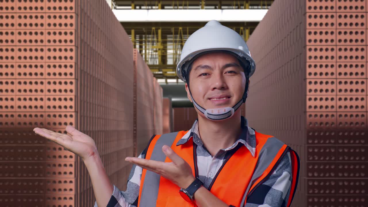 Close Up Of Asian Male Engineer With Safety Helmet Smiling And Pointing To Side While Standing With Red Brick Packed in Stacks Are Stored