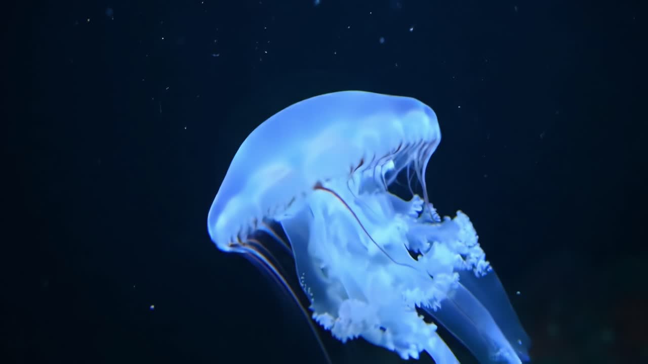 Una splendida immagine di una medusa eterea che si muove con grazia nelle profondità dell'oceano, mettendo in mostra il suo corpo bioluminescente e i delicati tentacoli con un movimento straordinario