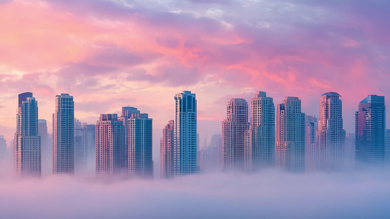 Majestic Skyline at Dawn: A Stunning View of Tall Buildings Emerging from Morning Fog, Bathed in Soft Pastel Colors of Sunrise with a Dramatic Sky