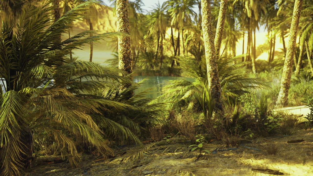 Palm trees and vibrant plants by a calm desert water body