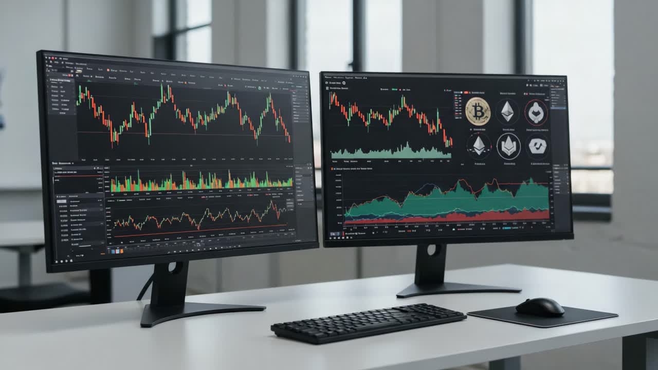 Dual Monitor Setup Displaying Cryptocurrency Market Trends with Real-Time Graphs, Indicators, and Data Visualizations for Financial Analysis and Trading Insights
