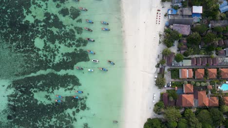 Ojo-De-Pájaro-Aéreo-Volando-Sobre-La-Playa-De-Pattaya-Con-Botes-De-Cola-Larga-Amarrados-En-Aguas-Turquesas