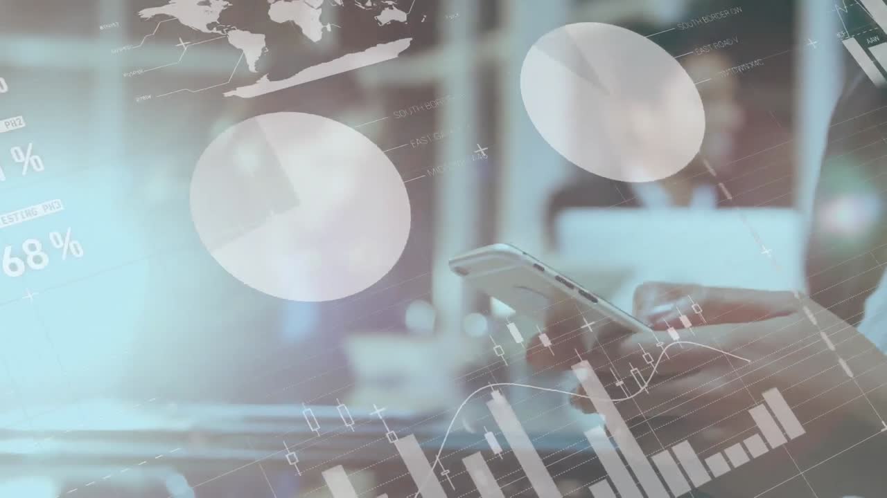 사무실에서 스마트폰을 사용하는 아프리카계 미국인 여성에 대한 통계 데이터 처리의 애니메이션