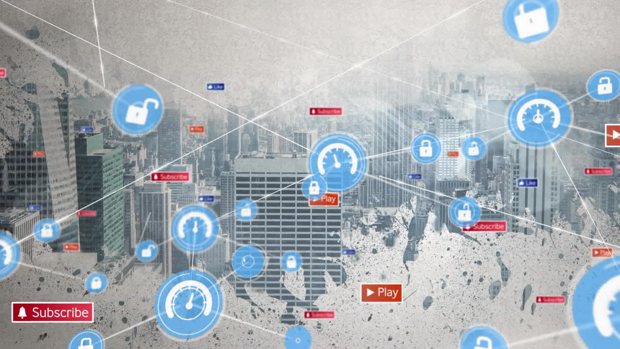 도시 풍경에 대한 소셜 미디어 알림과 함께 데이터 네트워크 및 락 아이콘의 애니메이션