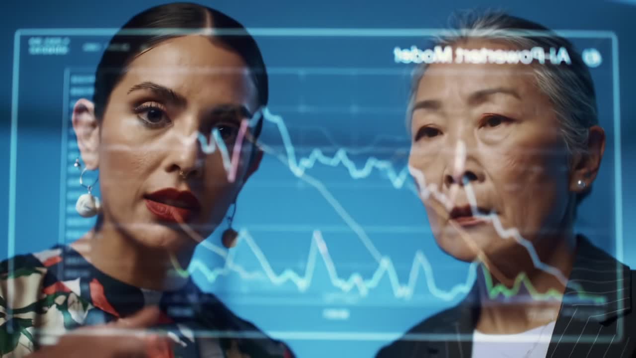 Two professionals analyze complex data visualizations, discussing trends and insights while evaluating statistical models on a transparent screen in a high-tech environment