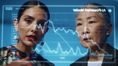 two professionals analyze complex data visualizations, discussing trends and insights while evaluating statistical models on a transparent screen in a high-tech environment