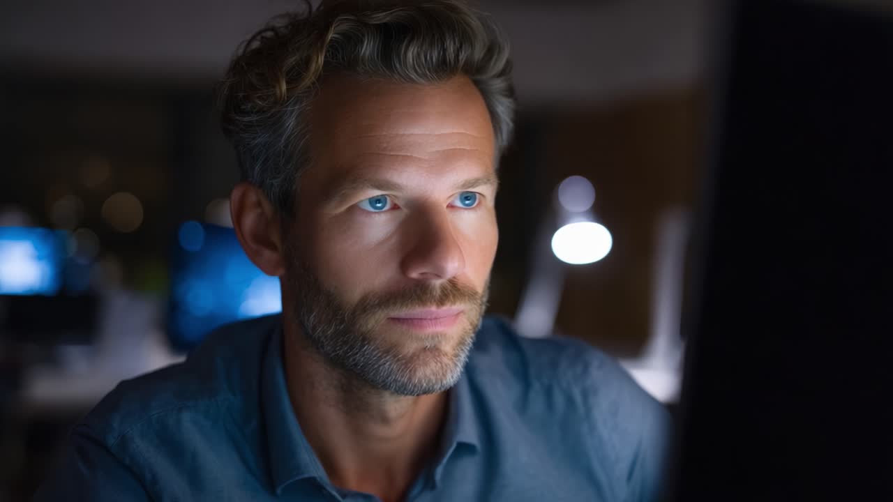 Focused Professional in Dimly Lit Workspace Concentrates on Computer Screen, Reflecting a Serious and Engaged Attitude in the Nighttime Setting