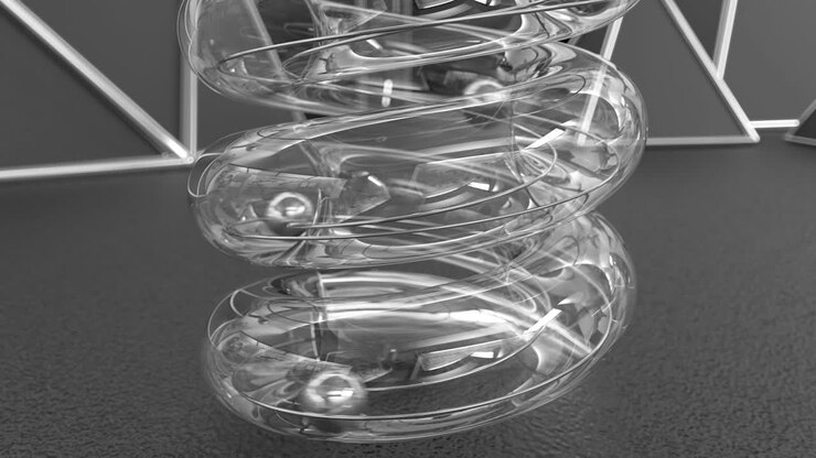 3d looped animation of rolling down balls through a tunnel. Geometric elegant design with smooth movement. Perpetual motion.