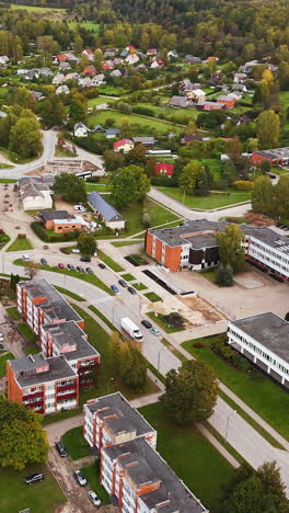 Cargo truck transporting goods to cozy town of Malpils, vertical aerial drone view