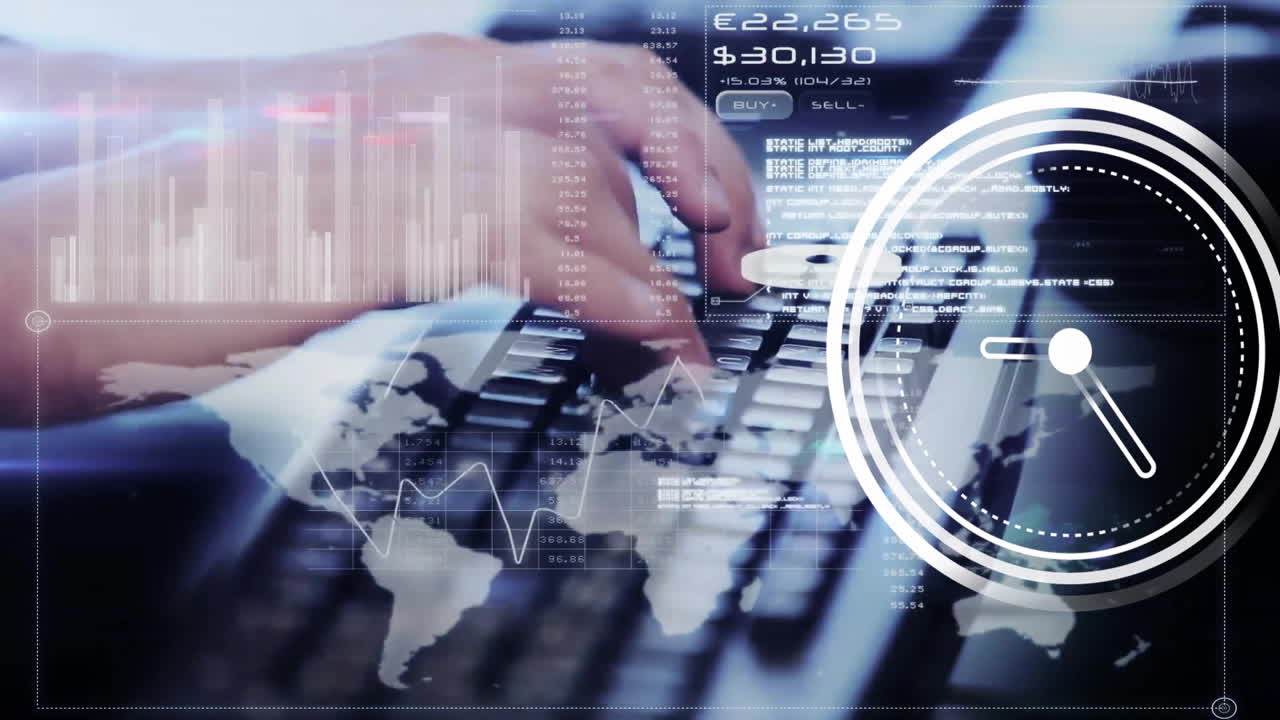 escribir en el teclado con datos financieros y animación del mapa del mundo