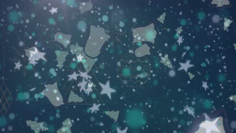 animación de iconas de campanas y estrellas de navidad sobre decoraciones de navidad colgantes en fondo verde.
