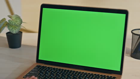 businesswoman greeting mockup laptop having video conference at office closeup