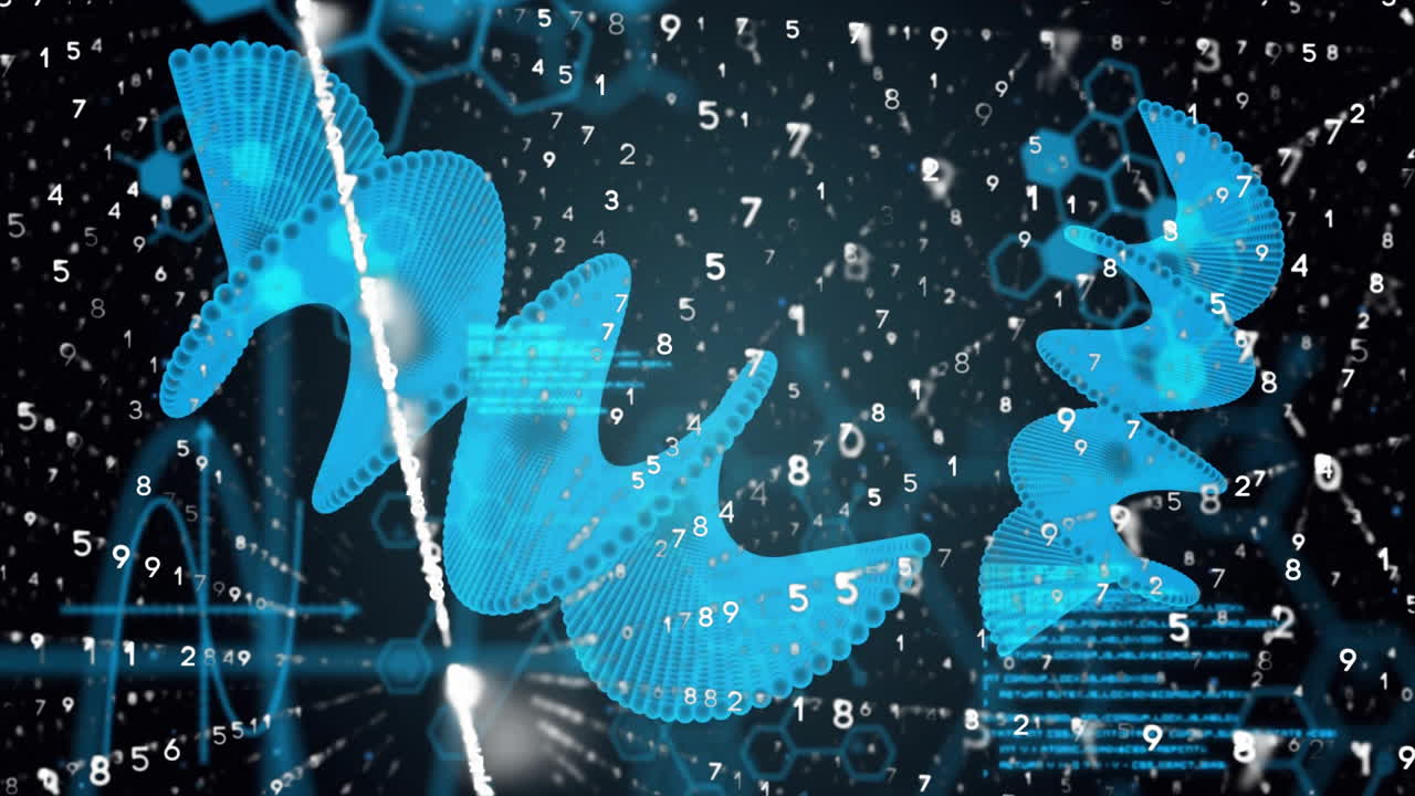 dna 줄무와 이진 코드, 어두운 배경의 과학 데이터 처리 애니메이션