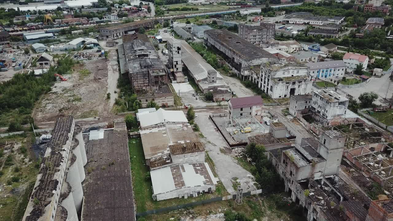 Aerial view of an abandoned industrial plant. Factory ruins.