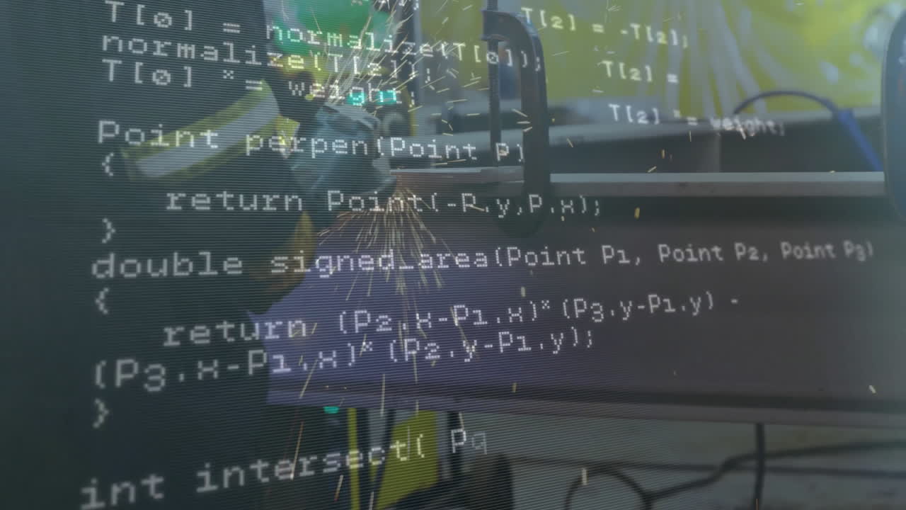 metal clamp gripping workpieces in manufacturing workshop, showing sparks flying over code overlay