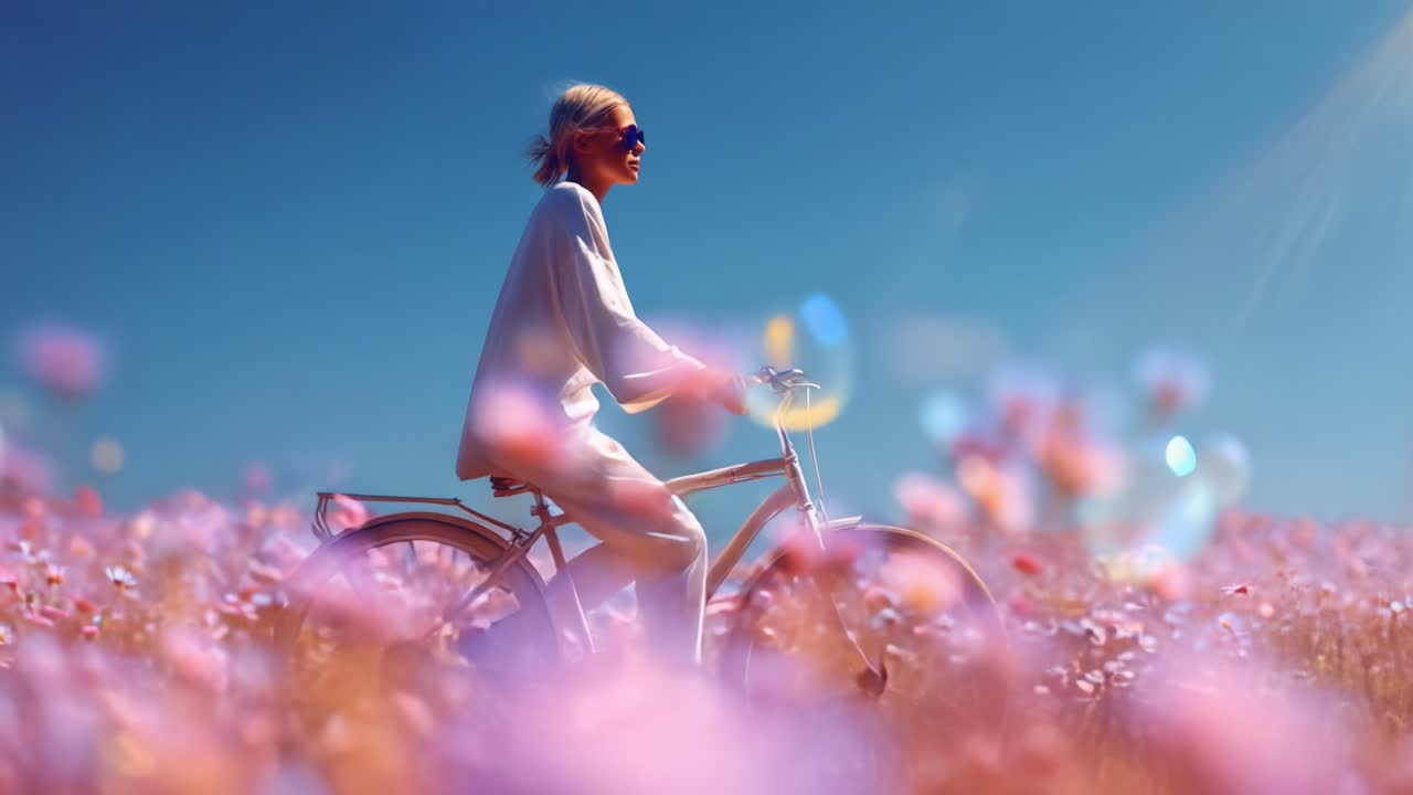 A Serene Journey Through Blossoming Fields: A Joyful Biker in White Pedals Amidst Vibrant Pink Flowers and Floating Bubbles Under a Clear Blue Sky