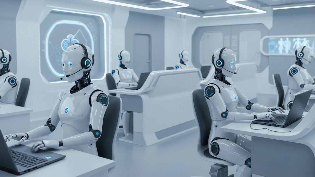A Team of Advanced Humanoid Robots Engaged in Collaborative Work in a Futuristic Office Environment with High-Tech Amenities and Sleek Design Features